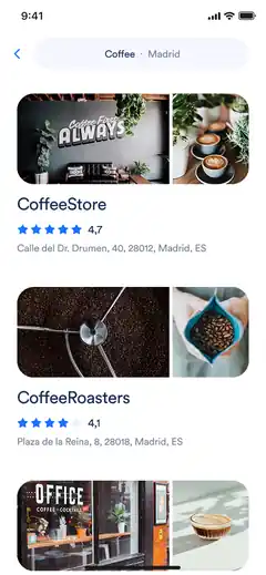 NoFakes discovery results for coffee businesses in Madrid