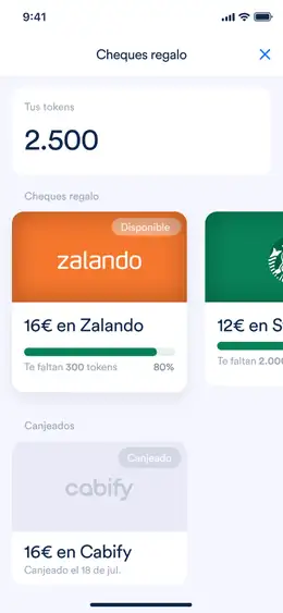 NoFakes rewards screen with tokens, gift cards, progress and redeemed rewards
